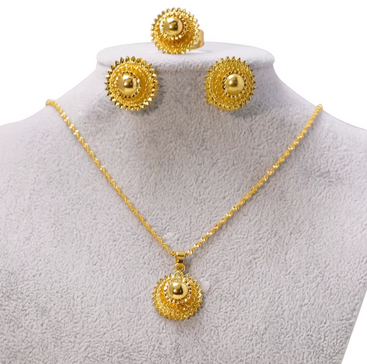 Minimalistic Necklace,Rings,Earrings Set For Women- 24K Gold Plated Alloy