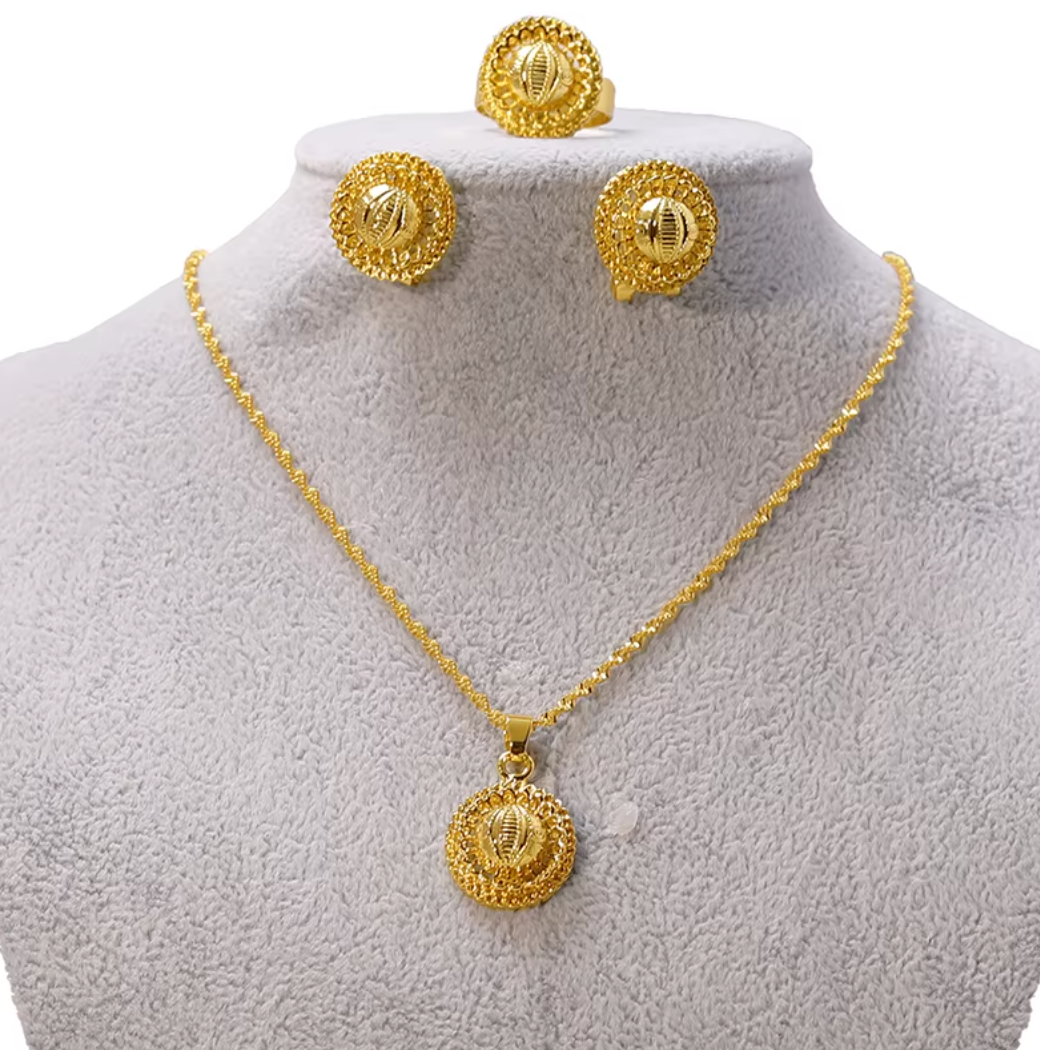 Minimalistic Necklace,Rings,Earrings Set For Women- 24K Gold Plated Alloy