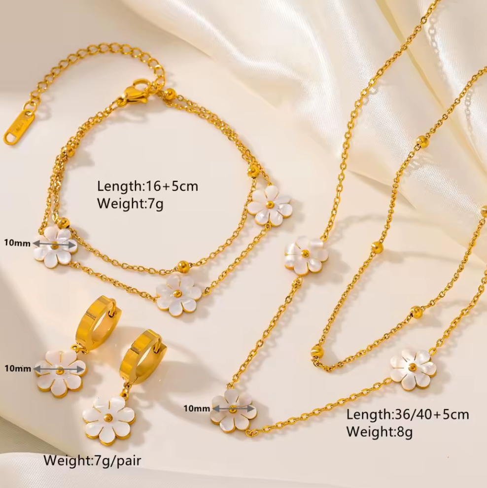 Korean Style Shell Flower Double Layer Necklace-Earrings-Bracelet Jewelry Set - 18K Gold Jewelry Sets Stainless