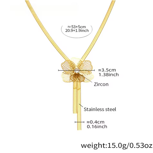 Zircon Flower Tassel Necklace Earrings Ring Bracelet Set - 18K Gold Plated Stainless Steel
