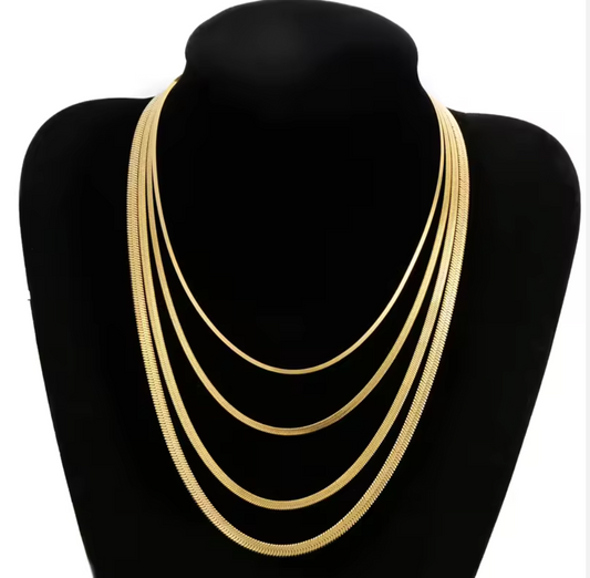Herringbone Pattern With Flat Snake Geometric Style Chain Necklace for Men Women - 18K Gold & Stainless Steel Plated