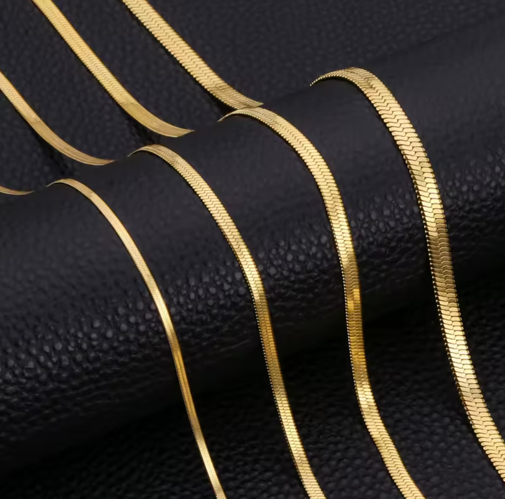 Herringbone Pattern With Flat Snake Geometric Style Chain Necklace for Men Women - 18K Gold & Stainless Steel Plated