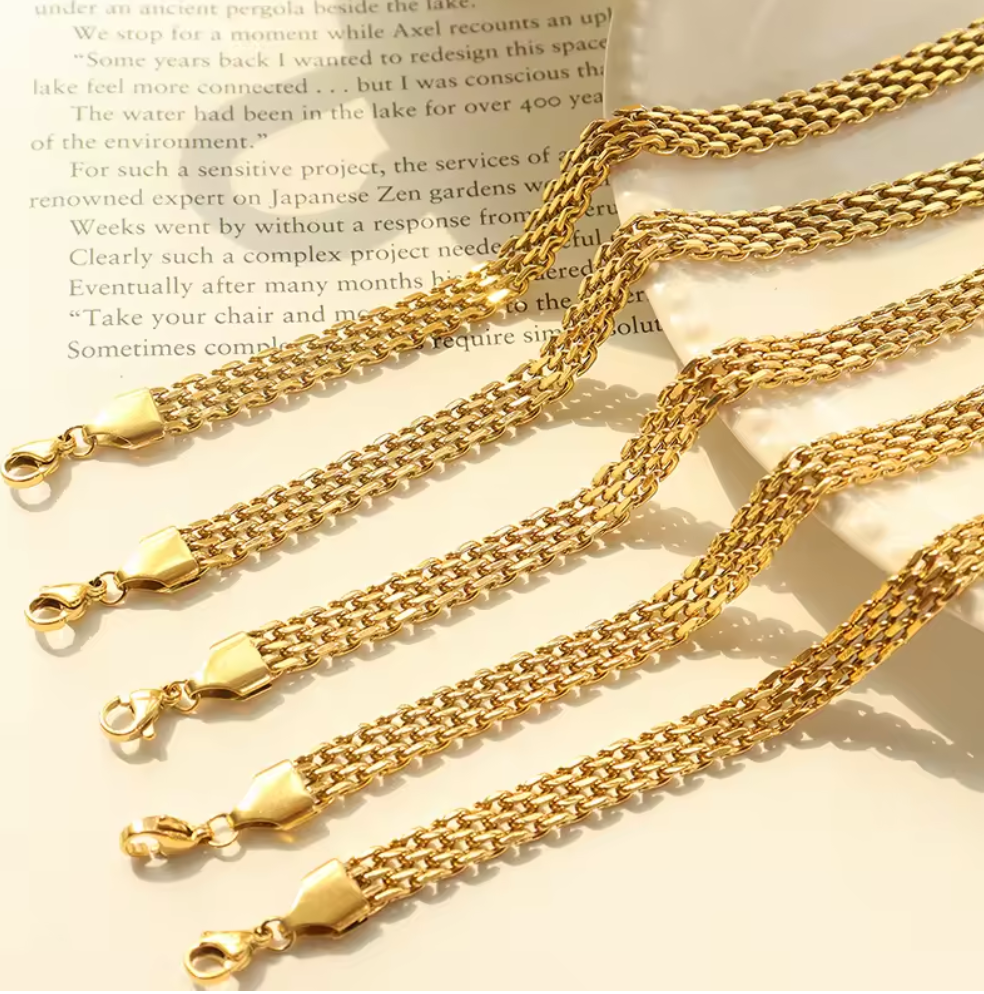 Non Tarnish Titanium Steel Real 18k Gold Plated Wide Chain Bracelets Flat Stainless Steel Watch Chain Bracelet for Women