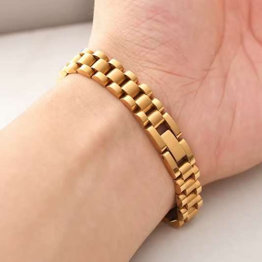 Mens Watch Charm Cuff Designer Bracelet - 18k Gold Plated Stainless Steel