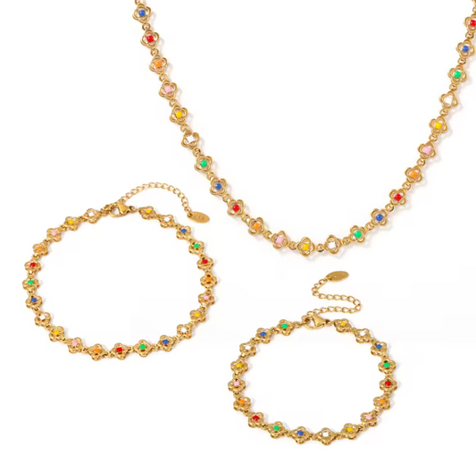 Clover Design Necklace, Bracelet, Anklet Set - 18K Gold Plated Stainless Steel