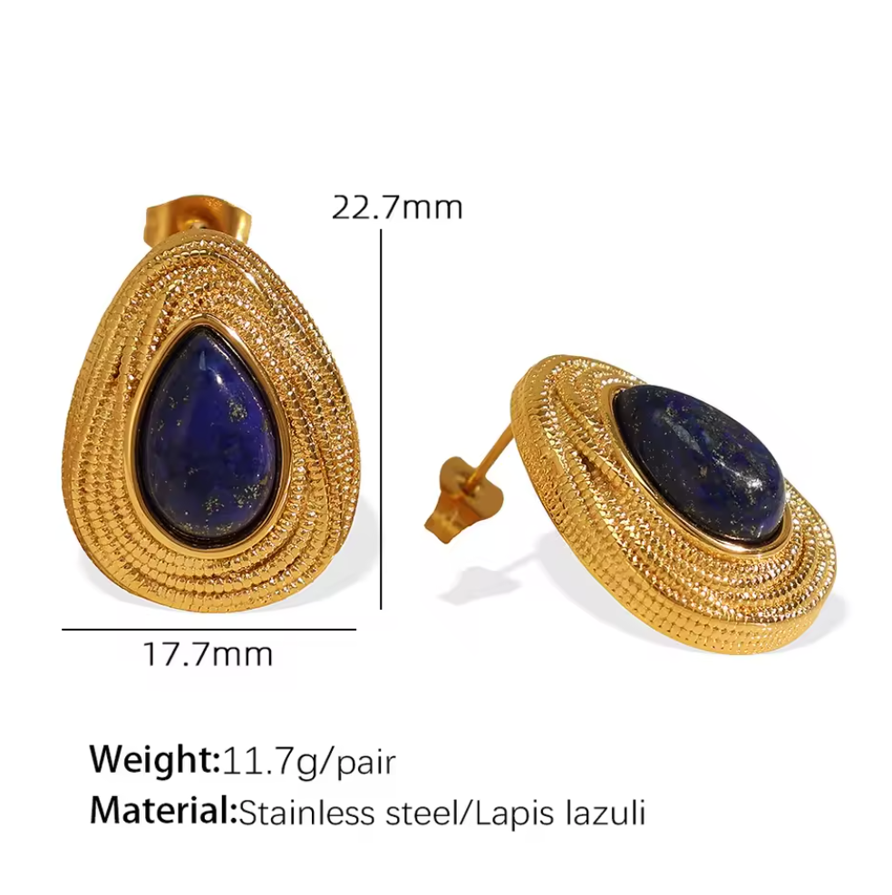 Retro Style Natural Stone Necklace and Earrings Studs - 18K Gold PVD Plated Stainless Steel