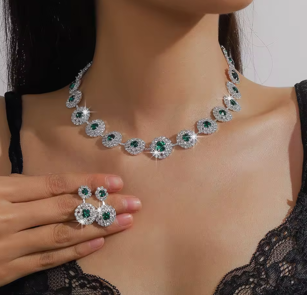 Elegant Zircon Crystal Necklace Earrings Set For Women - Gold Plated