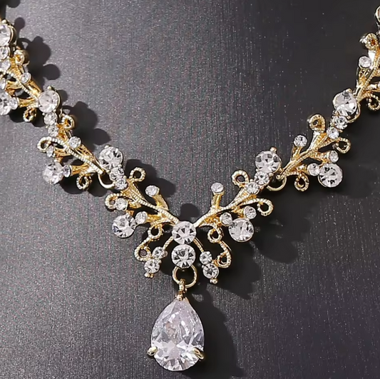 Korean Exquisite Water Drop Wedding Dress Bride Jewelry Zircon Necklace Earring Set