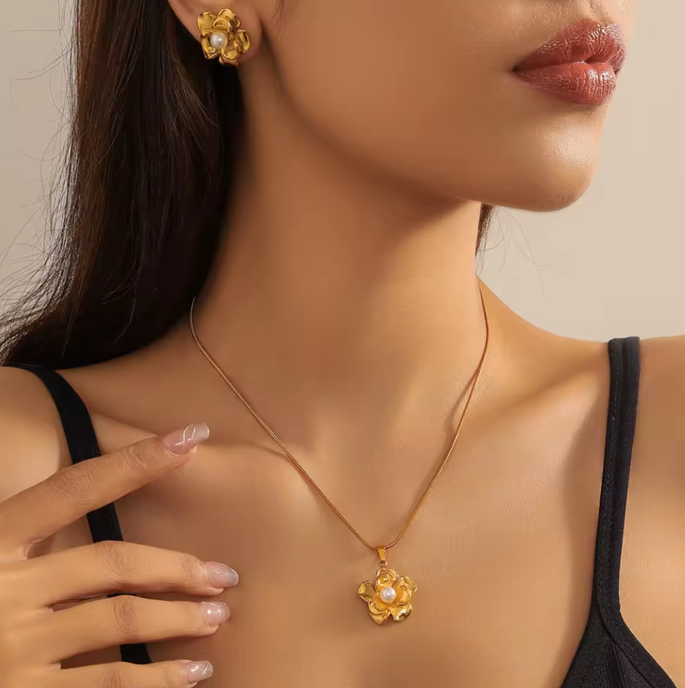 Flower, Butterfly, Pearl Necklace Earrings Sets for Women - 18k Gold Plated Stainless Steel