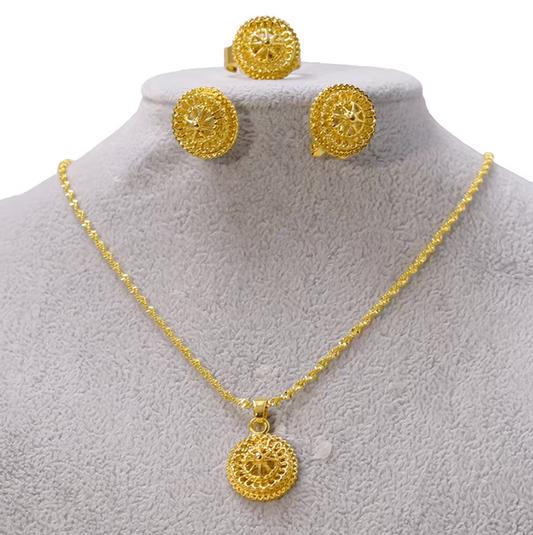 Minimalistic Necklace,Rings,Earrings Set For Women- 24K Gold Plated Alloy