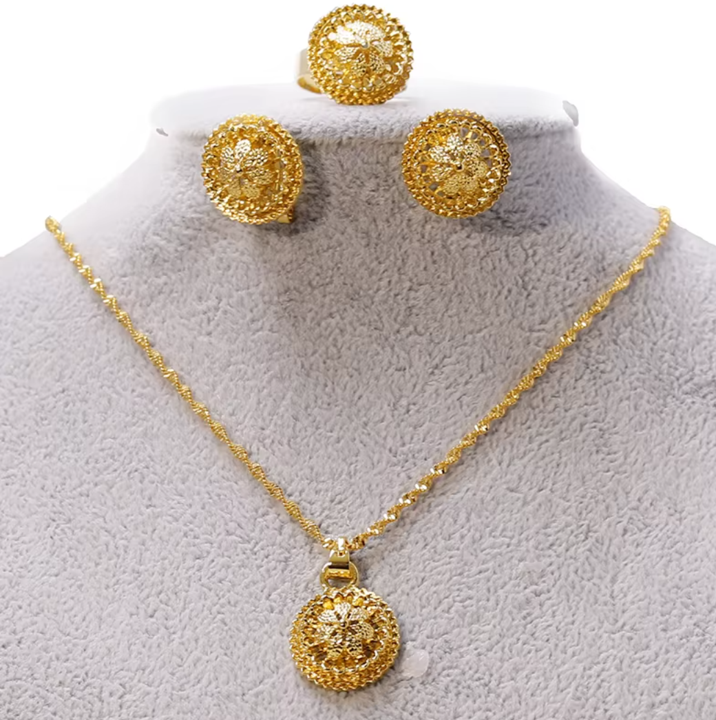 Minimalistic Necklace,Rings,Earrings Set For Women- 24K Gold Plated Alloy