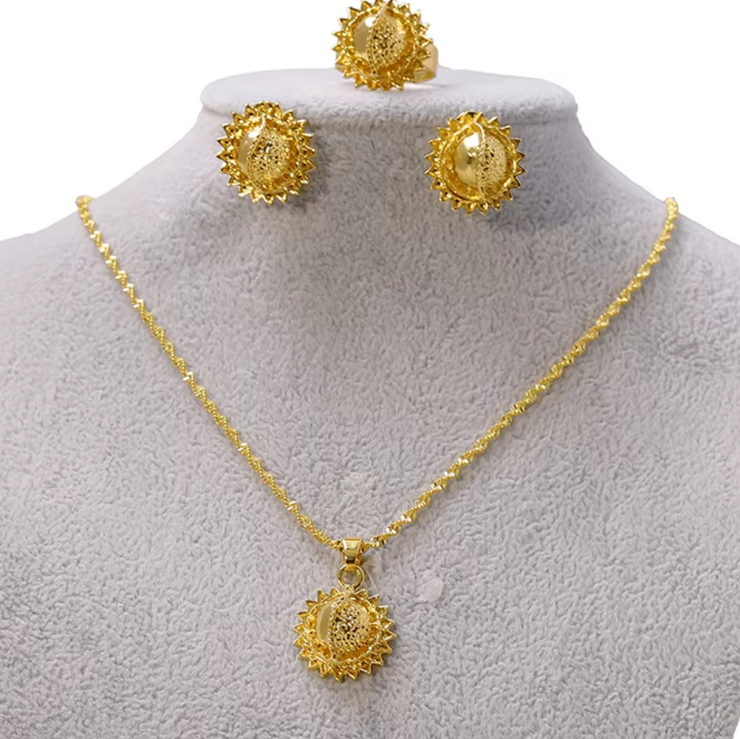 Minimalistic Necklace,Rings,Earrings Set For Women- 24K Gold Plated Alloy