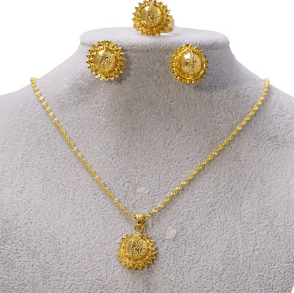 Minimalistic Necklace,Rings,Earrings Set For Women- 24K Gold Plated Alloy