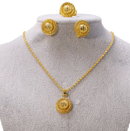 Minimalistic Necklace,Rings,Earrings Set For Women- 24K Gold Plated Alloy