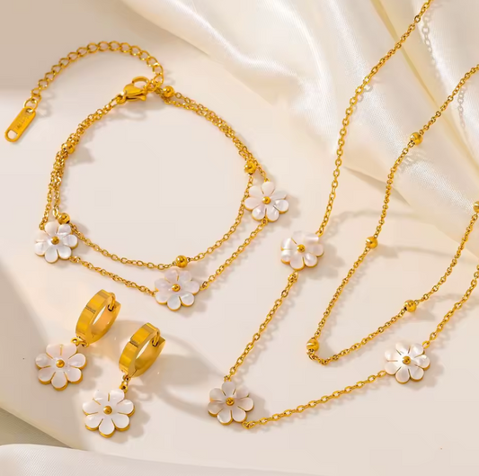Korean Style Shell Flower Double Layer Necklace-Earrings-Bracelet Jewelry Set - 18K Gold Jewelry Sets Stainless