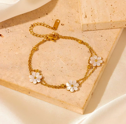 Korean Style Shell Flower Double Layer Necklace-Earrings-Bracelet Jewelry Set - 18K Gold Jewelry Sets Stainless