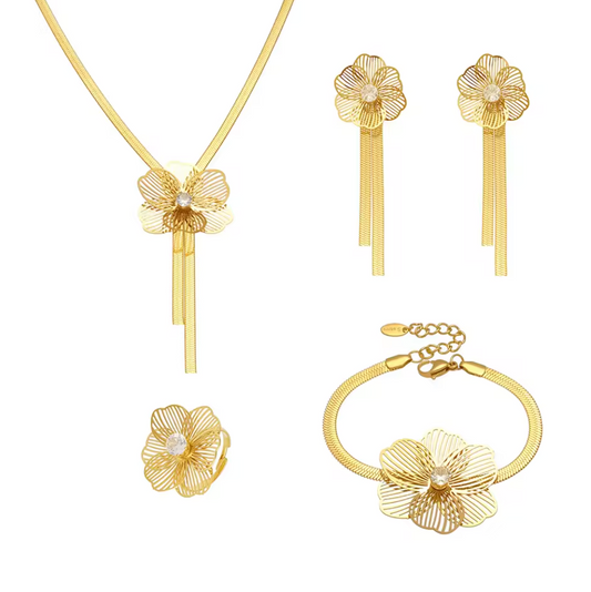 Zircon Flower Tassel Necklace Earrings Ring Bracelet Set - 18K Gold Plated Stainless Steel