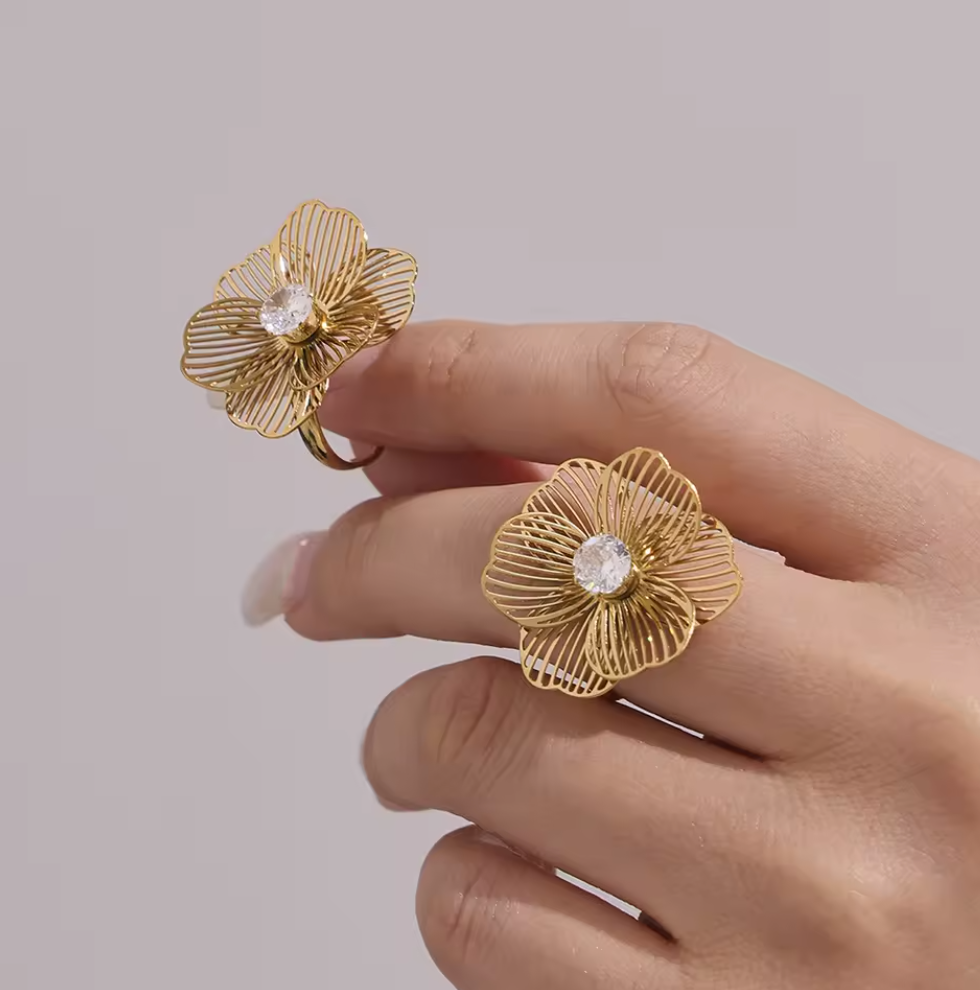 Zircon Flower Tassel Necklace Earrings Ring Bracelet Set - 18K Gold Plated Stainless Steel