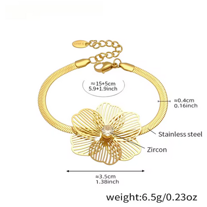 Zircon Flower Tassel Necklace Earrings Ring Bracelet Set - 18K Gold Plated Stainless Steel