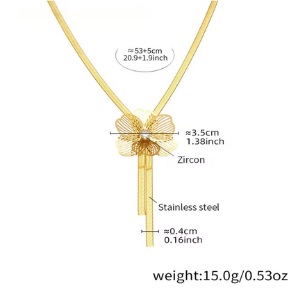 Zircon Flower Tassel Necklace Earrings Ring Bracelet Set - 18K Gold Plated Stainless Steel