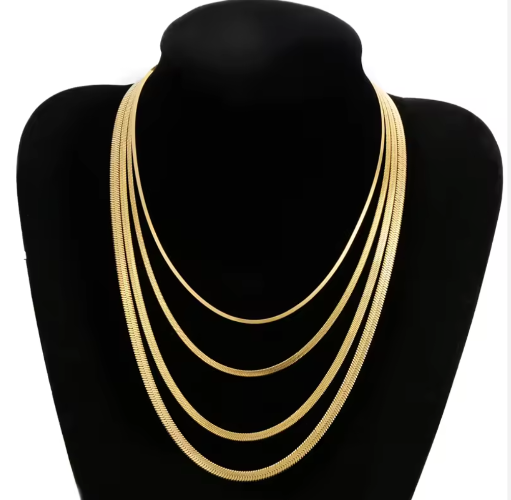 Herringbone Pattern With Flat Snake Geometric Style Chain Necklace for Men Women - 18K Gold & Stainless Steel Plated