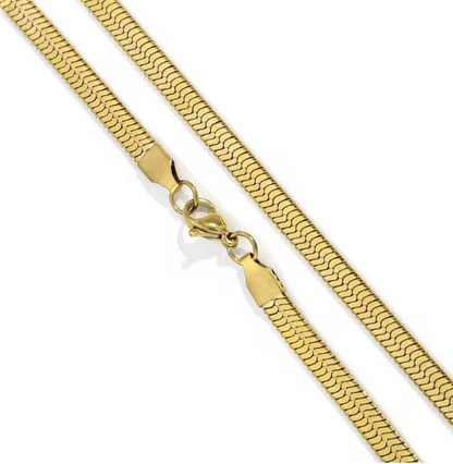 Herringbone Pattern With Flat Snake Geometric Style Chain Necklace for Men Women - 18K Gold & Stainless Steel Plated