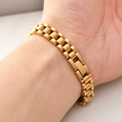 Mens Watch Charm Cuff Designer Bracelet - 18k Gold Plated Stainless Steel