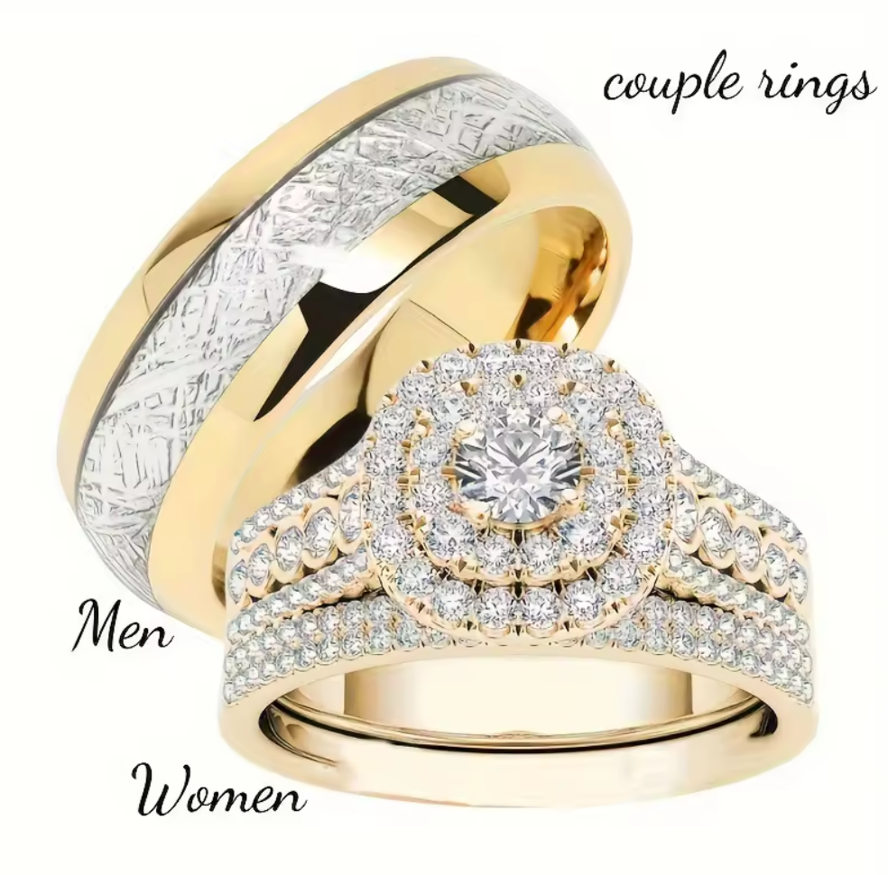 Crystal Diamond Couple Ring for Women Men - 18K Gold Plated Jewelry Stainless Steel