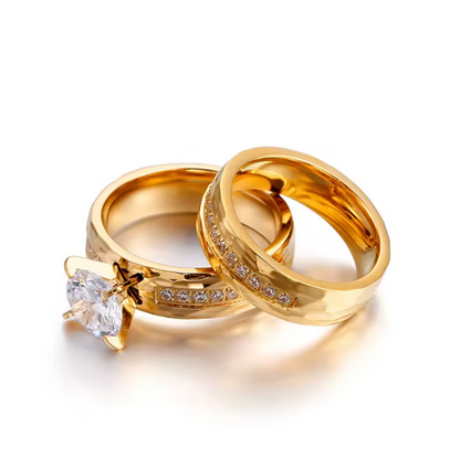 Round Cut Cubic Zircon Couples Rings for Women Men - 18k Gold Plated Stainless Steel