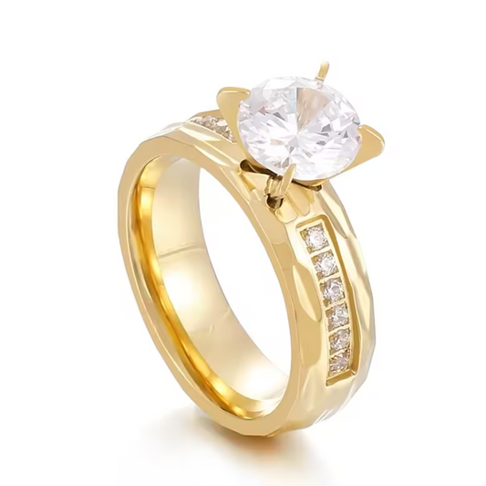 Round Cut Cubic Zircon Couples Rings for Women Men - 18k Gold Plated Stainless Steel