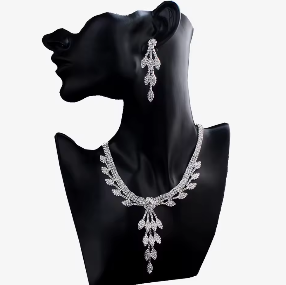 Leaf Tassels Long Length Rhinestones Necklace Earring Jewelry Set