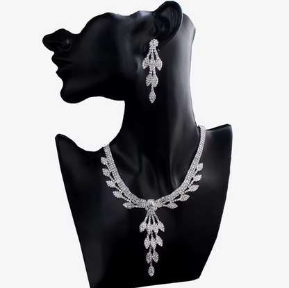 Leaf Tassels Long Length Rhinestones Necklace Earring Jewelry Set