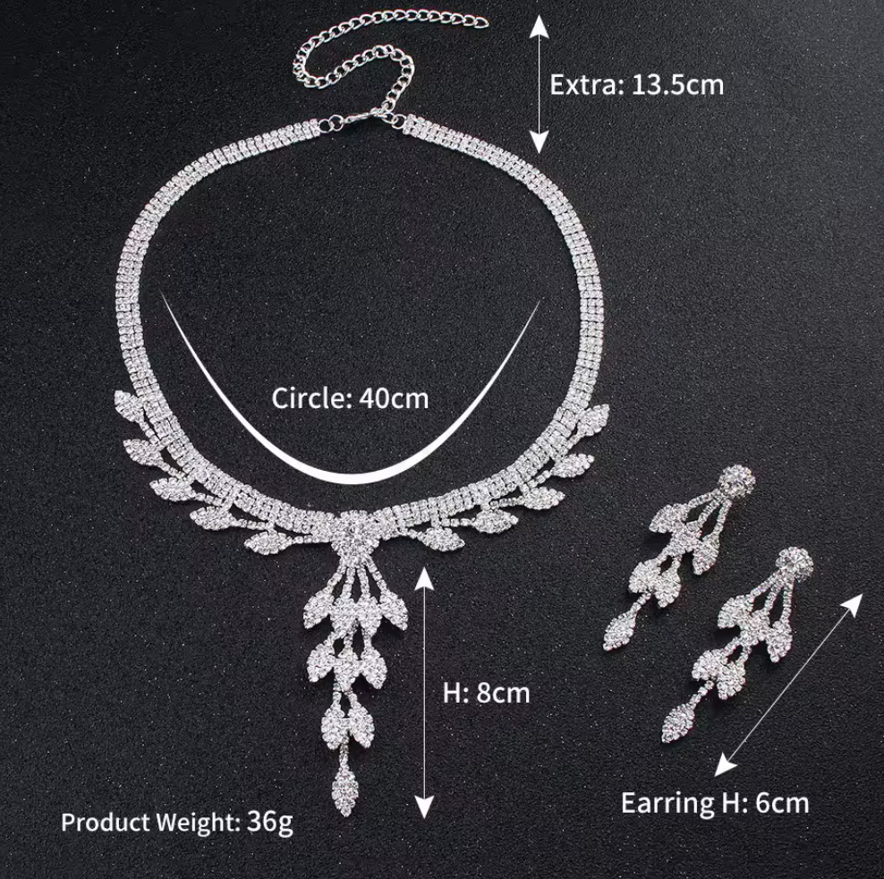 Leaf Tassels Long Length Rhinestones Necklace Earring Jewelry Set