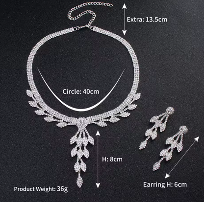 Leaf Tassels Long Length Rhinestones Necklace Earring Jewelry Set