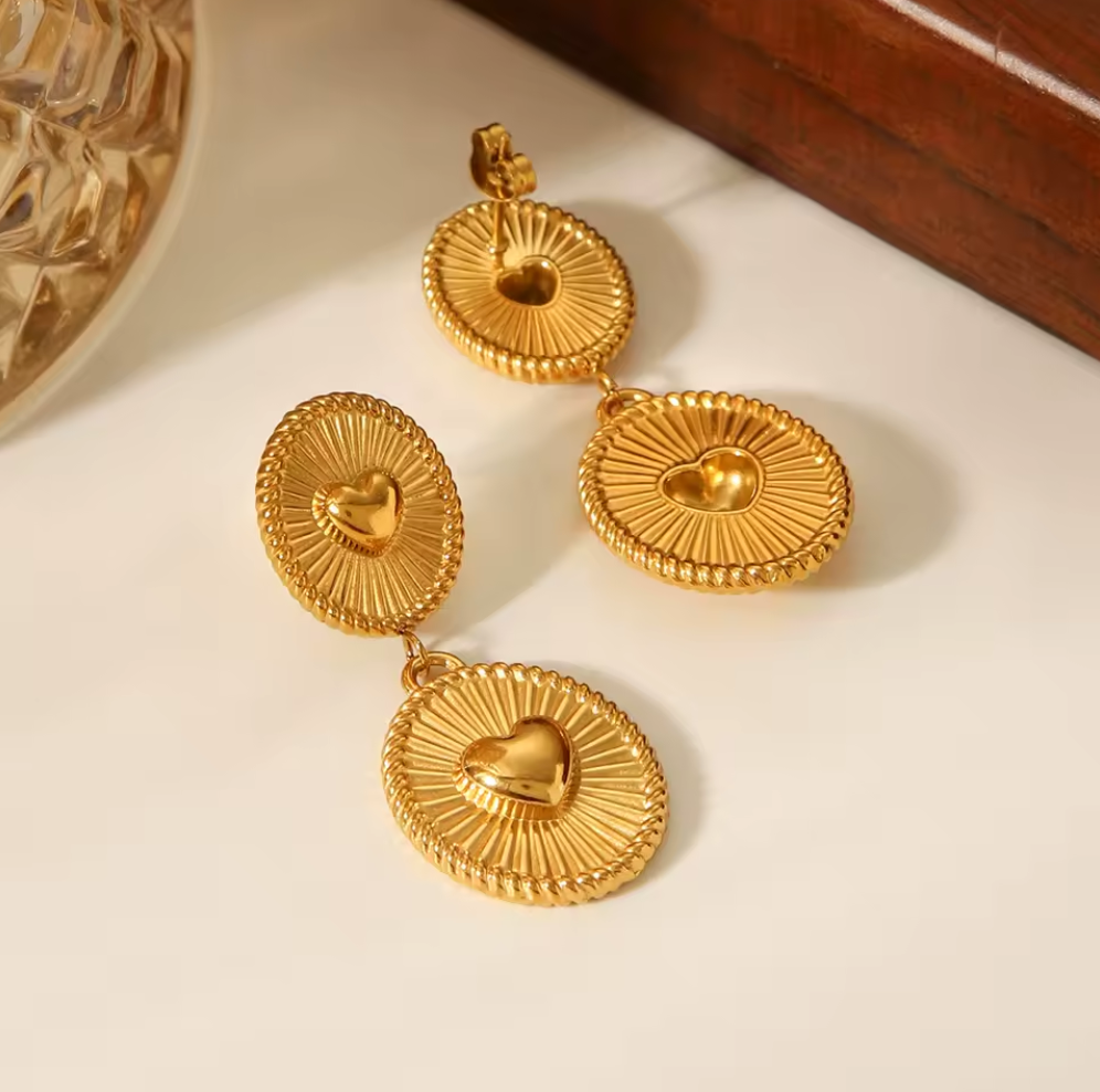 Heart & Round Stud Earrings - 18K Gold Plated Stainless Steel Polished Finish