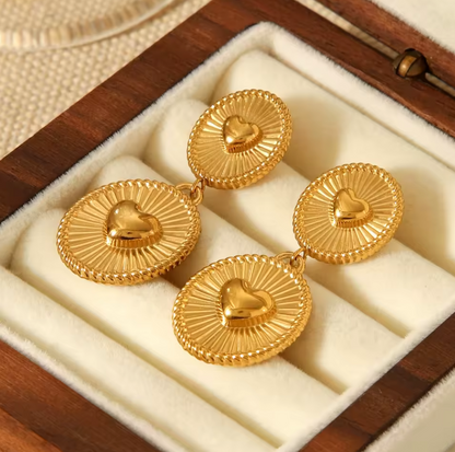 Heart & Round Stud Earrings - 18K Gold Plated Stainless Steel Polished Finish