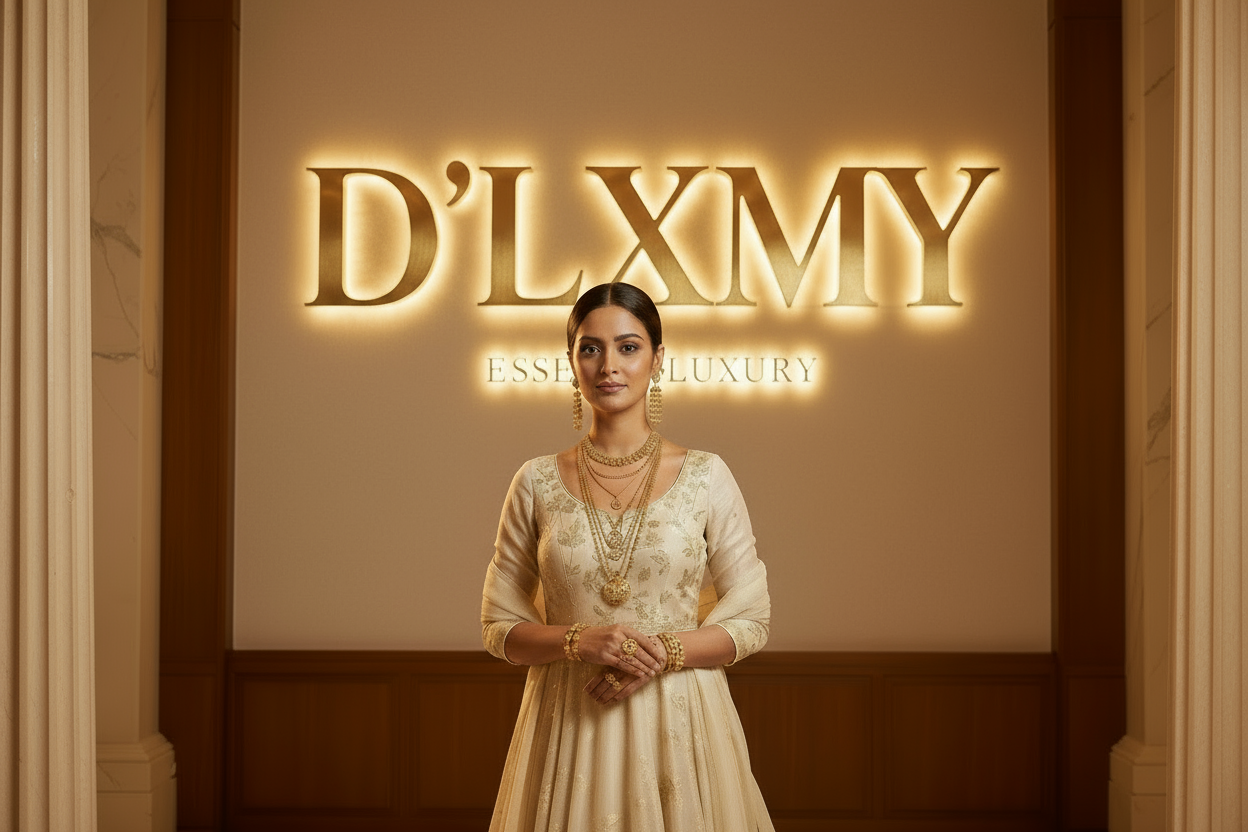 lady wearing elegant gold jewelry with bold D'LXMY logo in background