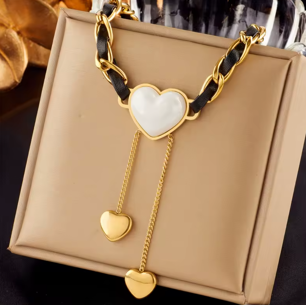 Love Heart Pearl Tassel Necklace for Women - 18k Gold Plated Stainless Steel