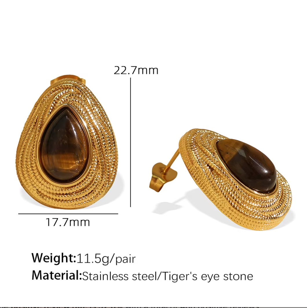 Retro Style Natural Stone Necklace and Earrings Studs - 18K Gold PVD Plated Stainless Steel