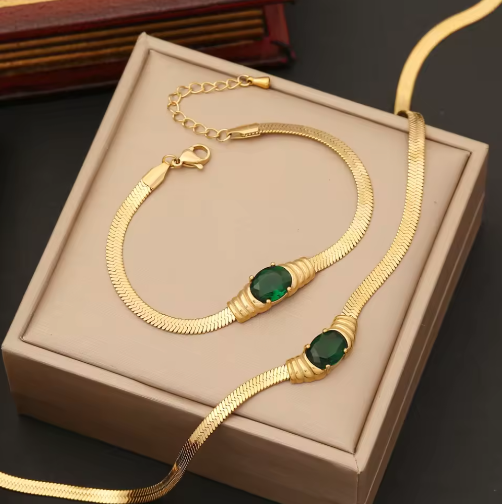 Bracelet Necklace and Earring Set For Women - 18k Gold Plated Stainless Steel