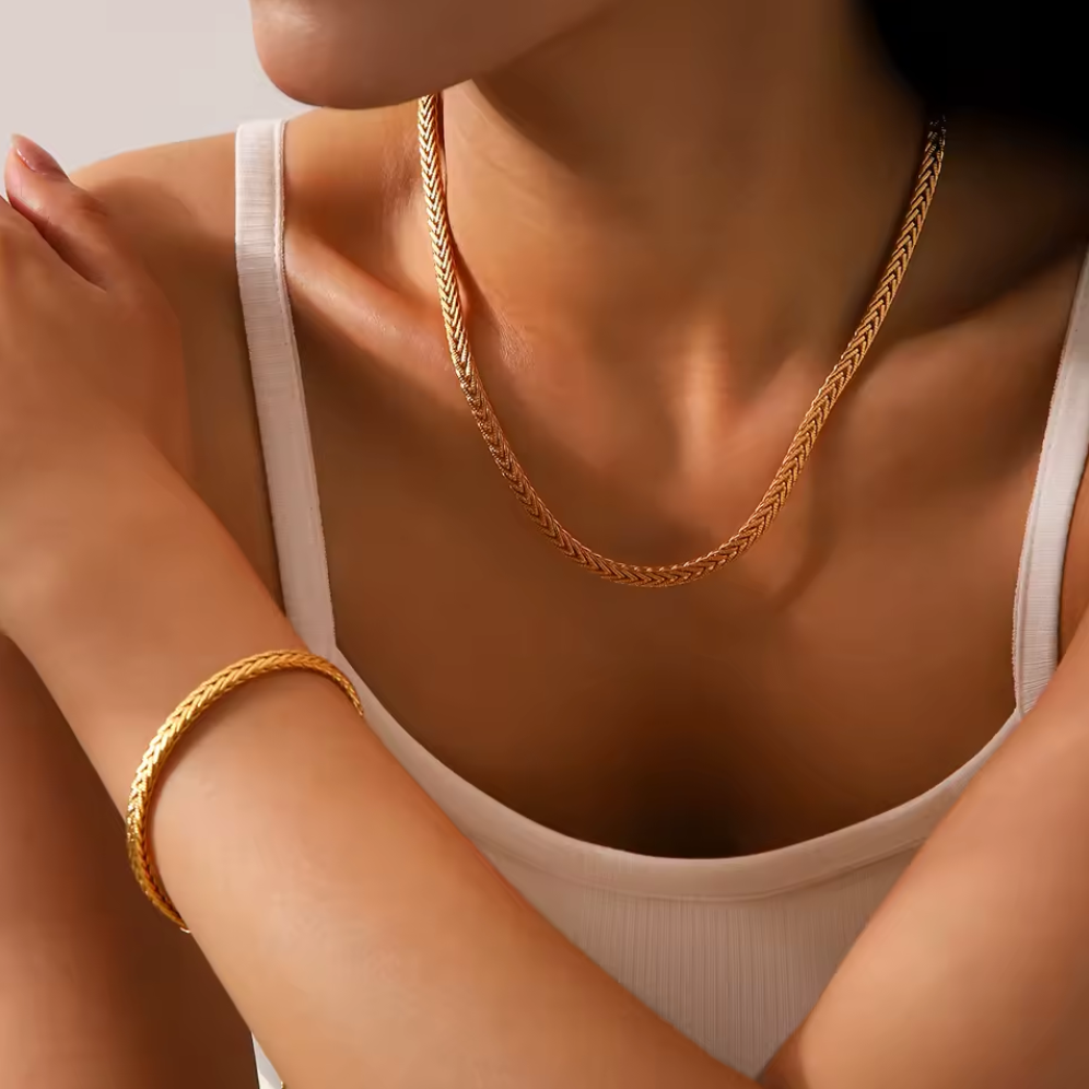Minimalist Weaving Chain Necklace Bracelet Jewelry Set - 18K Gold Plated Stainless Steel Metal
