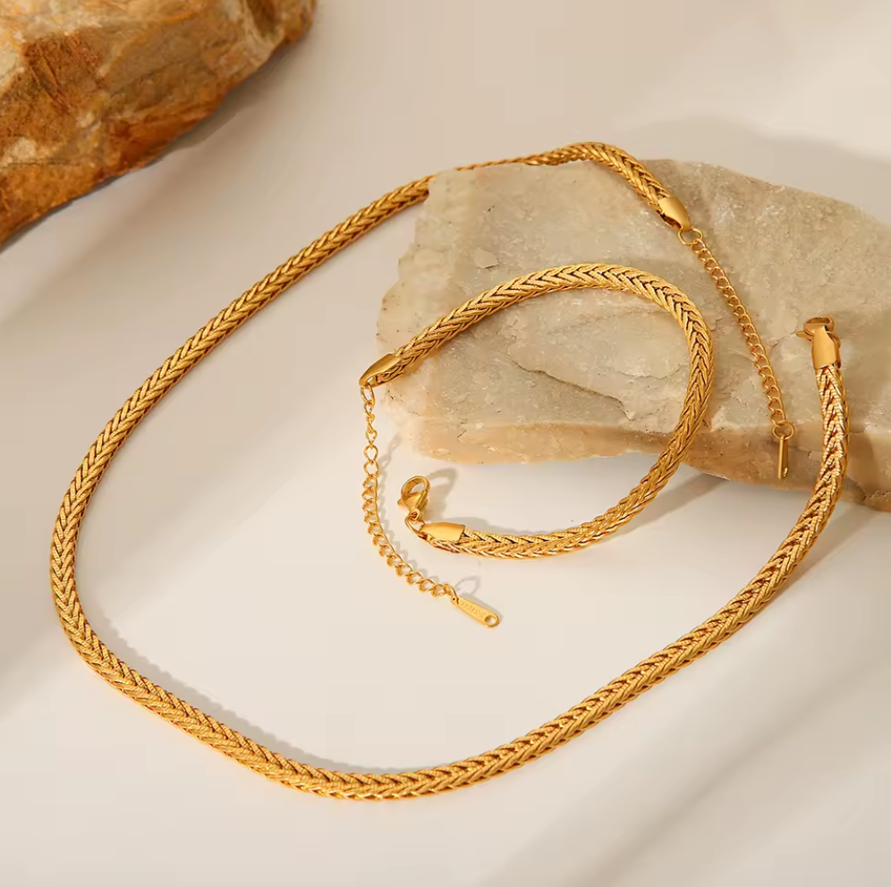 Minimalist Weaving Chain Necklace Bracelet Jewelry Set - 18K Gold Plated Stainless Steel Metal