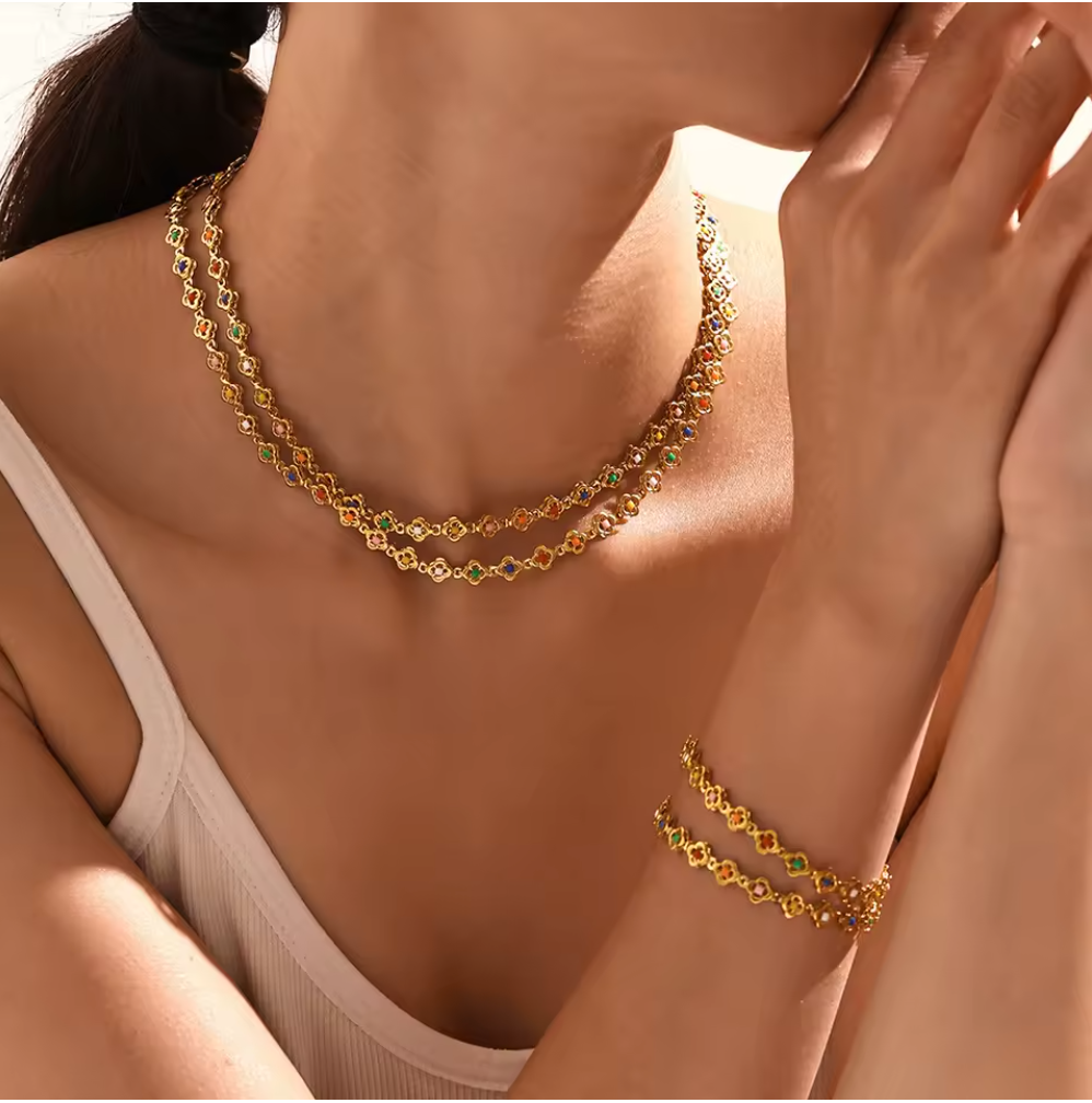 Clover Design Necklace, Bracelet, Anklet Set - 18K Gold Plated Stainless Steel