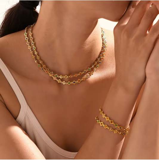 Clover Design Necklace, Bracelet, Anklet Set - 18K Gold Plated Stainless Steel