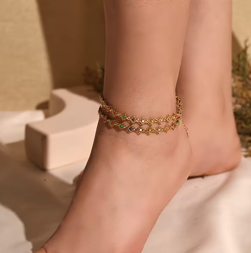 Clover Design Necklace, Bracelet, Anklet Set - 18K Gold Plated Stainless Steel