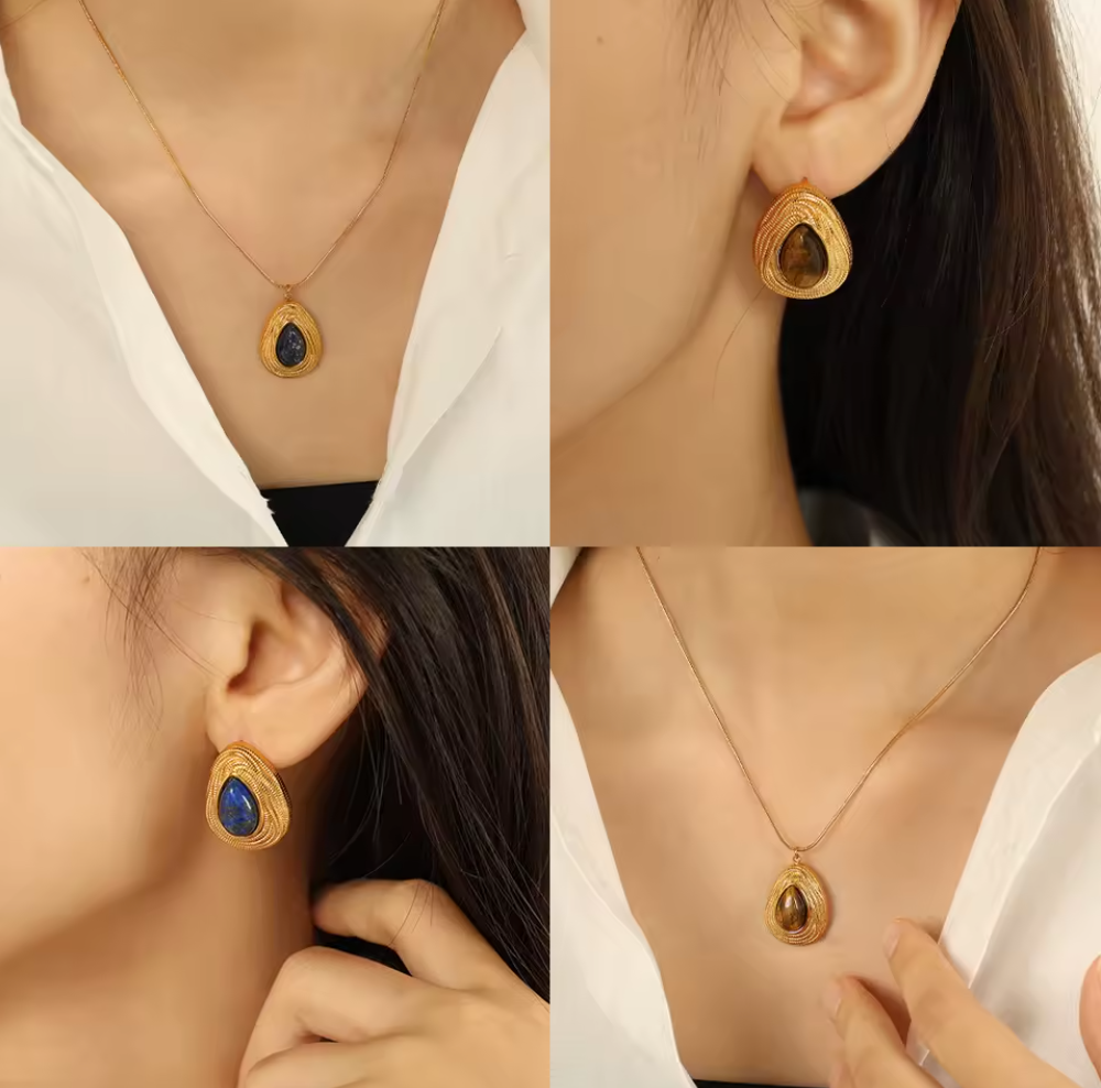 Retro Style Natural Stone Necklace and Earrings Studs - 18K Gold PVD Plated Stainless Steel