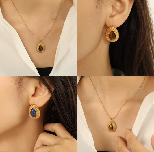 Retro Style Natural Stone Necklace and Earrings Studs - 18K Gold PVD Plated Stainless Steel