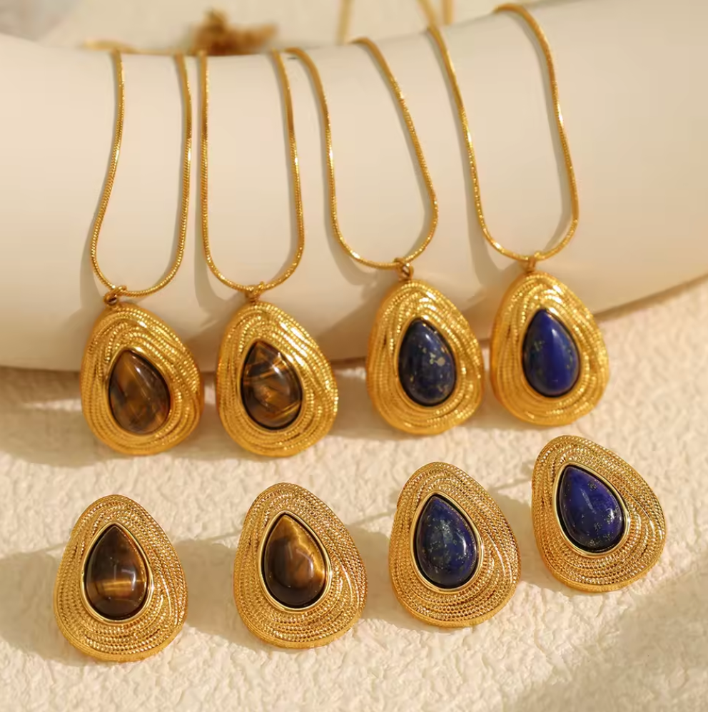 Retro Style Natural Stone Necklace and Earrings Studs - 18K Gold PVD Plated Stainless Steel