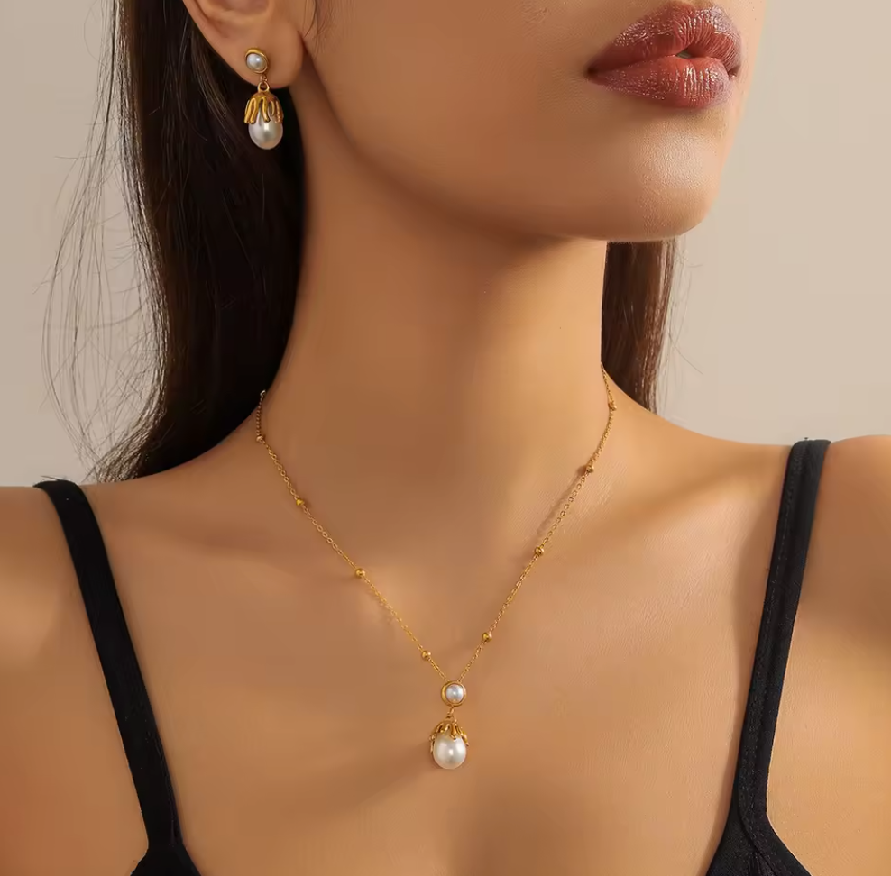 Flower, Butterfly, Pearl Necklace Earrings Sets for Women - 18k Gold Plated Stainless Steel
