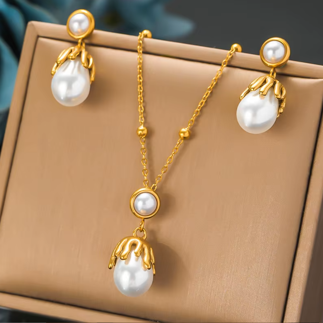 Flower, Butterfly, Pearl Necklace Earrings Sets for Women - 18k Gold Plated Stainless Steel